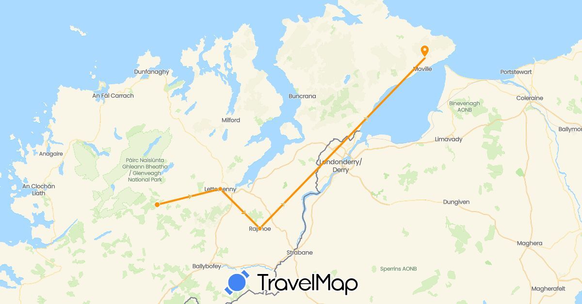 TravelMap itinerary: boat, hitchhiking in Ireland (Europe)